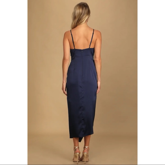NWOT Lulus Caught Feelings Navy Blue Satin Ruffled Midi Dress Small Medium Large - Picture 4 of 16